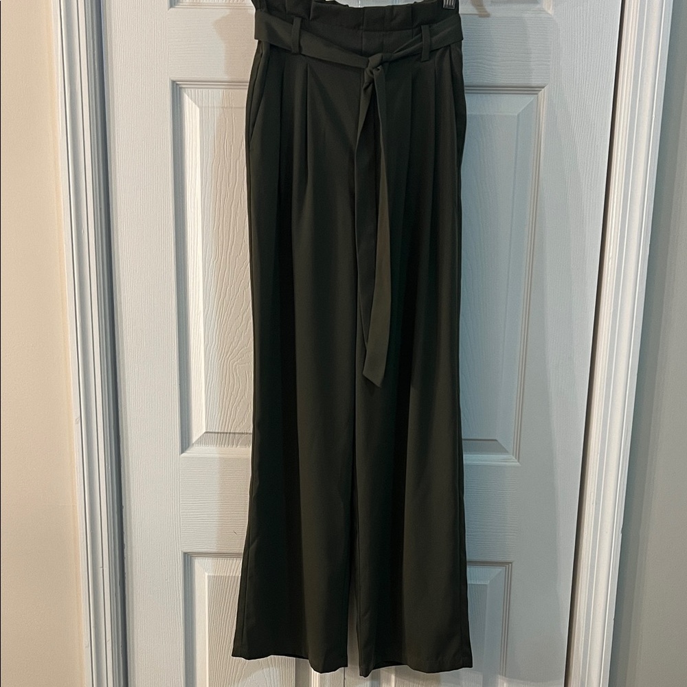 A New Day 🫒Sophisticated Olive Green Wide-Leg Trousers with Paper Bag Waist NWOT